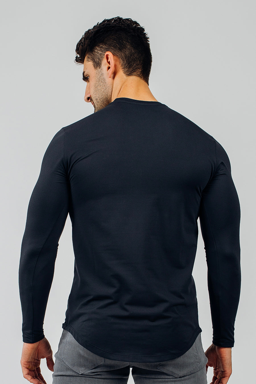 Fitted Drop Hem Long Sleeve - Black - photo from back #color_black