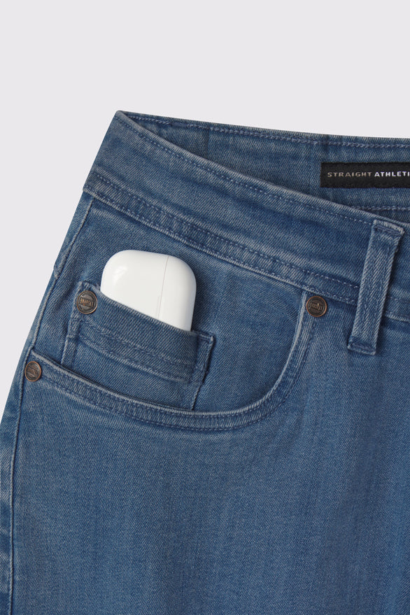 Mens Straight Athletic Fit Jeans 2.0 -Light Wash - photo from detail flat lay #color_light-wash