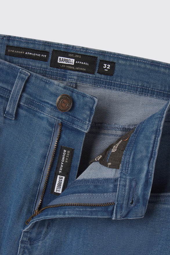 Mens Straight Athletic Fit Jeans 2.0 -Light Wash - photo from front zipper detail #color_light-wash