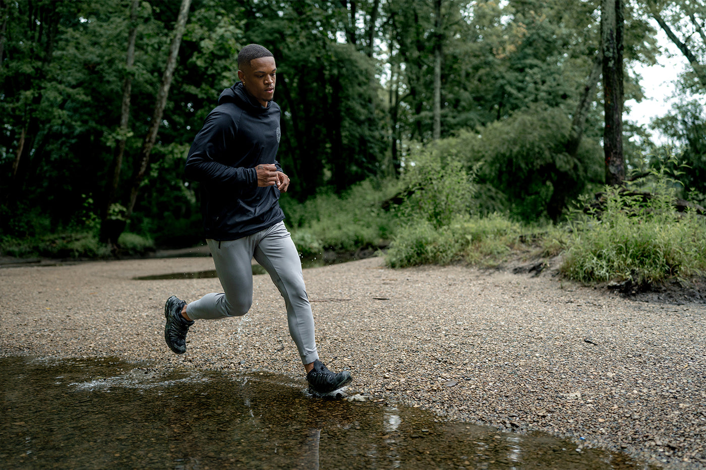 Running in forest in activewear