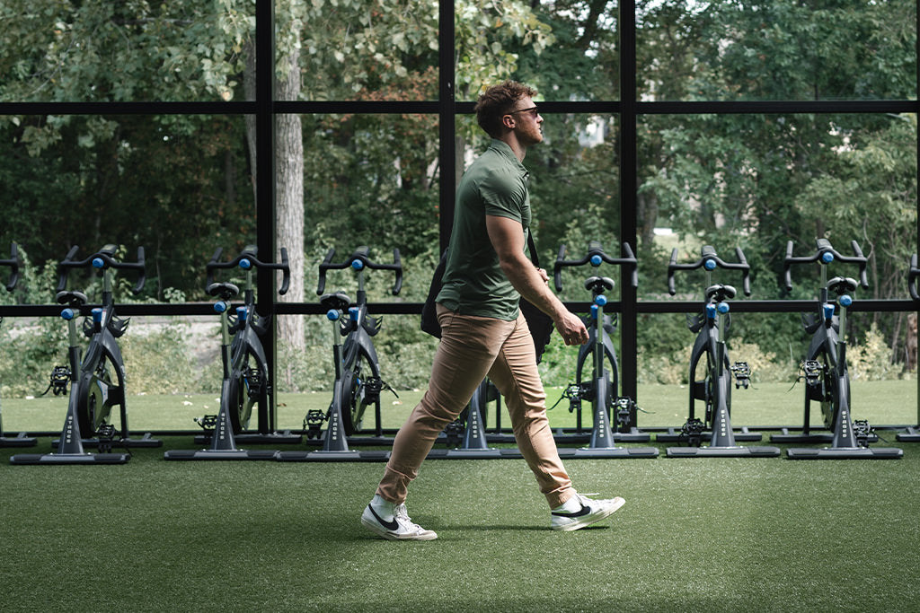 Mens casual wear model wearing Athletic Chinos in Black and a Sage Havok V Neck Tee from Barbell Apparel