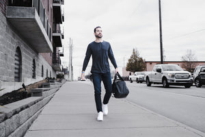 Model Reece wearing barbell Henley and Straight Athletic Fit Jeans