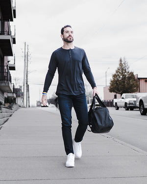 Model Reece wearing barbell Henley and Straight Athletic Fit Jeans