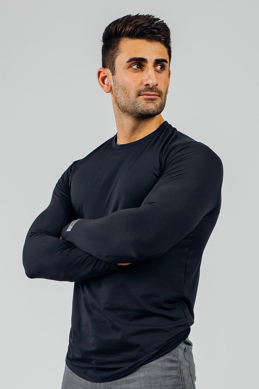 Fitted Drop Hem Long Sleeve - Black - photo from front in focus #color_black