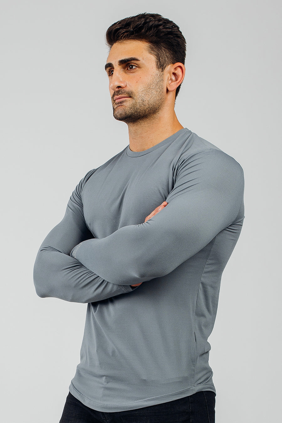Fitted Drop Hem Long Sleeve - Slate - photo from front in focus #color_slate