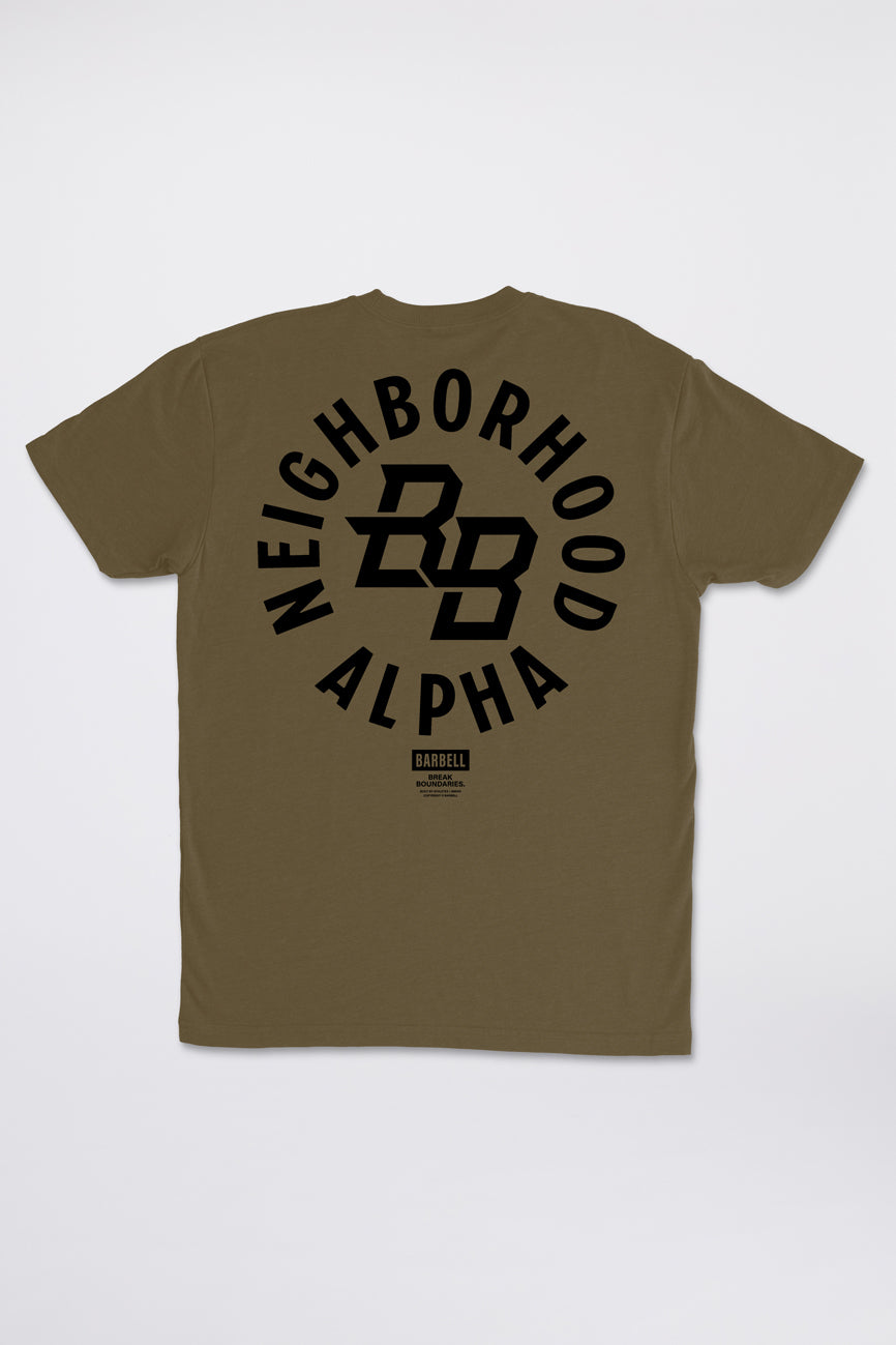 Barker Neighborhood Alpha Tee  - Olive - photo from back flat lay #color_olive