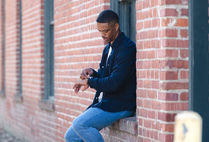 Model wearing Cadet Frontier Flannel and Jeans
