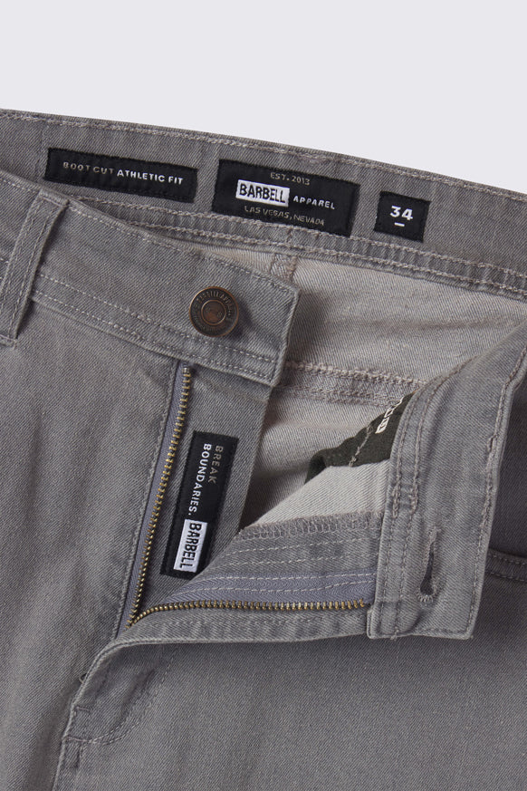 Mens Boot Cut Athletic Fit Jeans 2.0 -Cement - photo from front zipper detail #color_cement