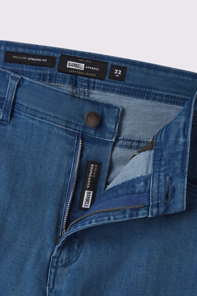 Mens Relaxed Athletic Fit Jeans 2.0 -Light Wash - photo from front zipper detail #color_light-wash