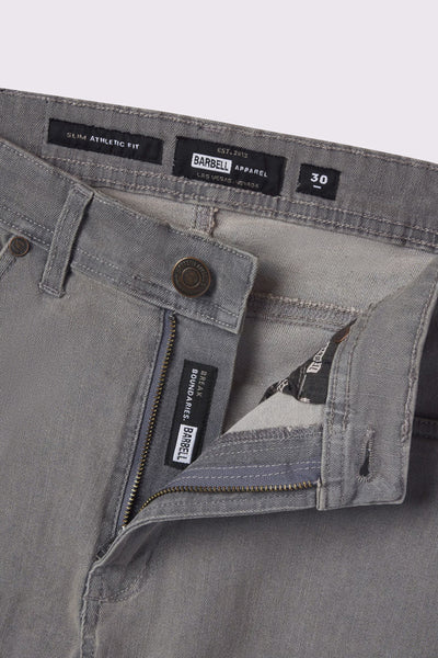 Mens Slim Athletic Fit Jeans 2.0 -Cement - photo from front zipper detail #color_cement
