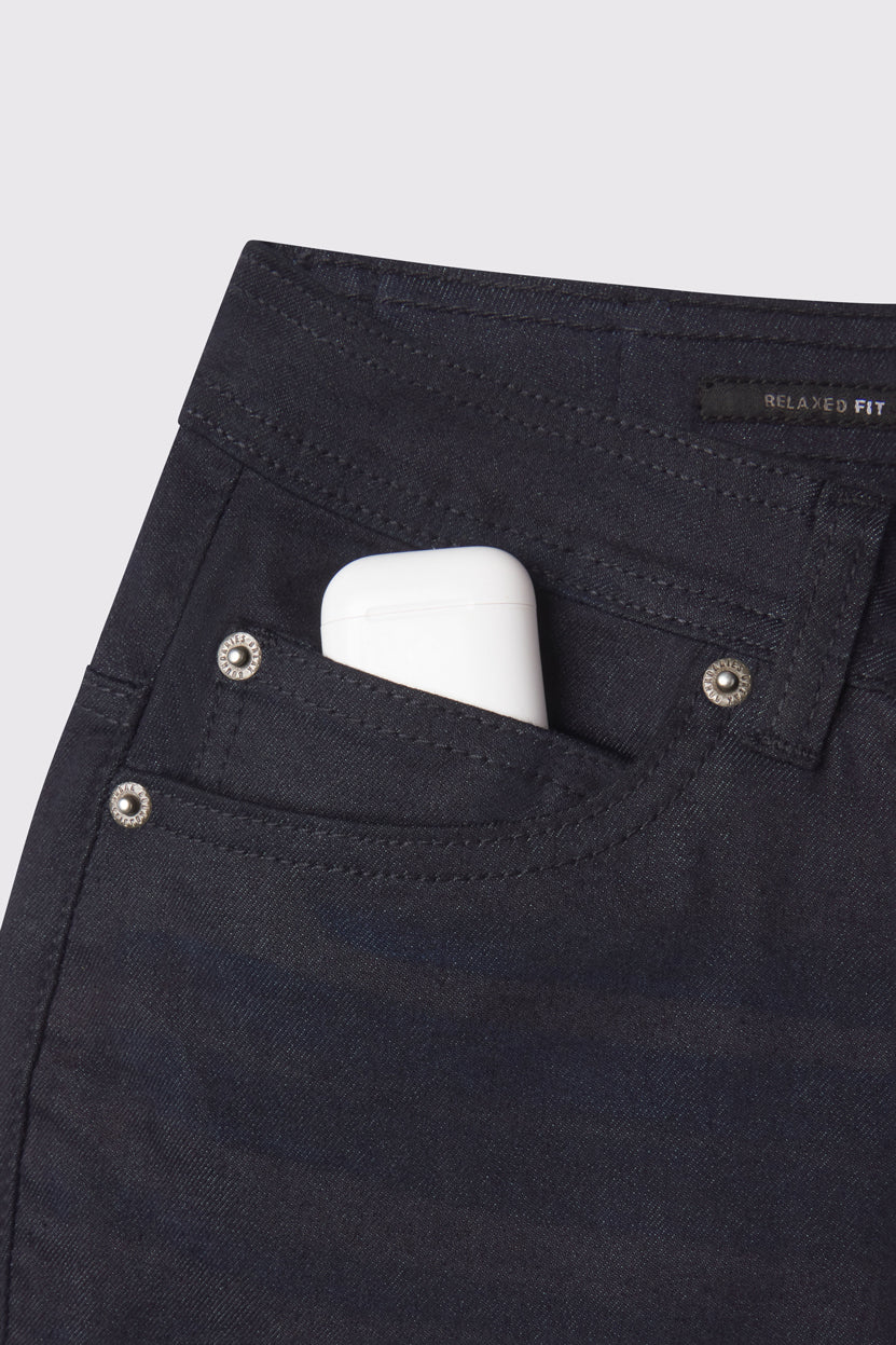 Mens Relaxed Athletic Fit Jeans 2.0 -Dark Distressed - photo from detail flat lay #color_dark-distressed