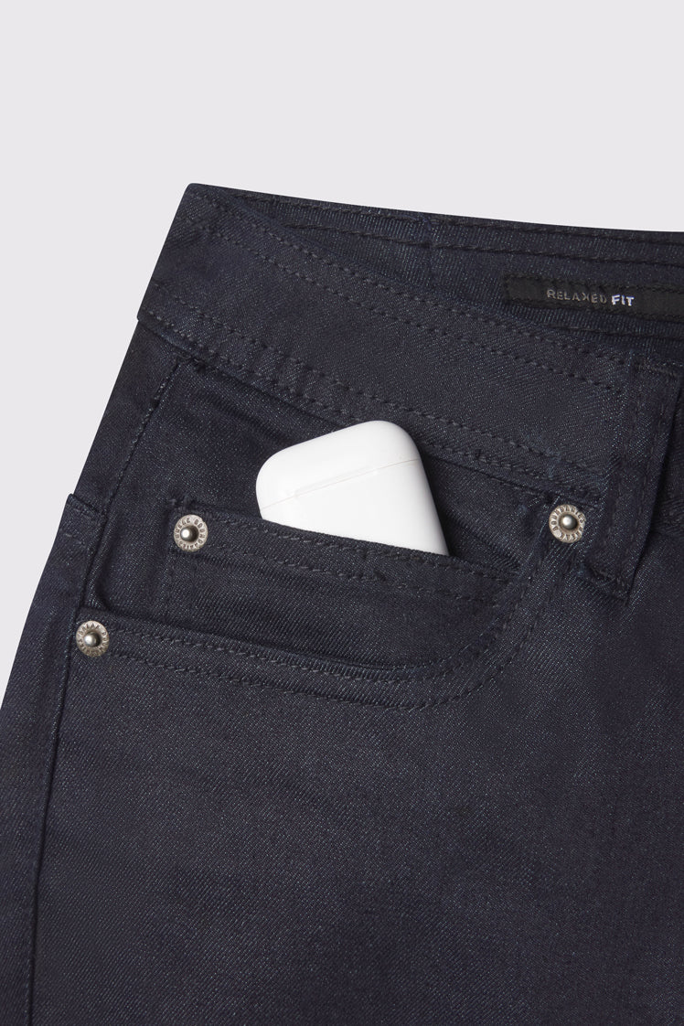 Mens Relaxed Athletic Fit Jeans 2.0 -Dark Rinse - photo from detail flat lay #color_dark-rinse