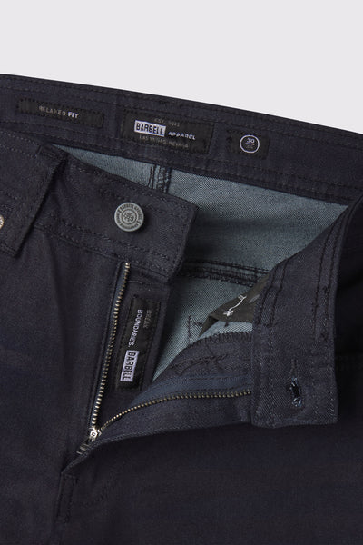 Mens Relaxed Athletic Fit Jeans 2.0 -Dark Distressed - photo from front zipper detail #color_dark-distressed