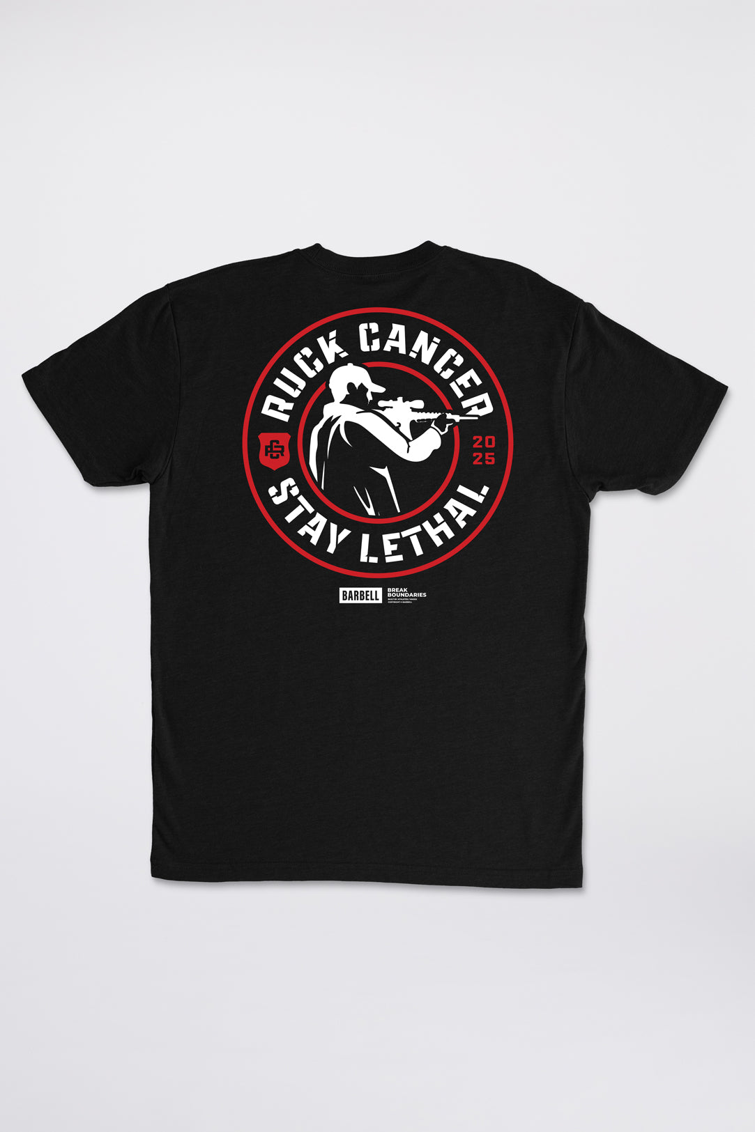 Black t-shirt with red and white graphic design on a white background