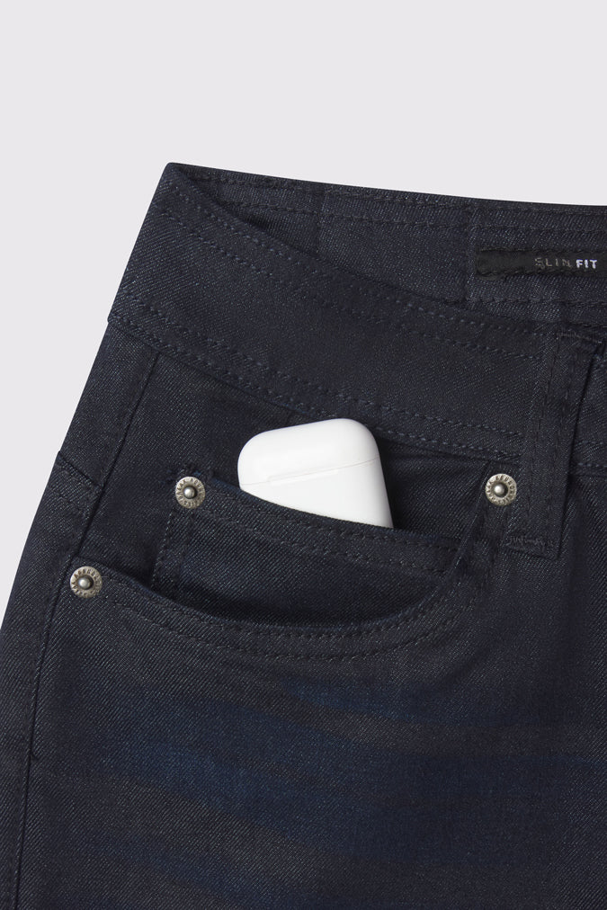 Mens Slim Athletic Fit Jeans 2.0 -Dark Distressed - photo from detail flat lay #color_dark-distressed