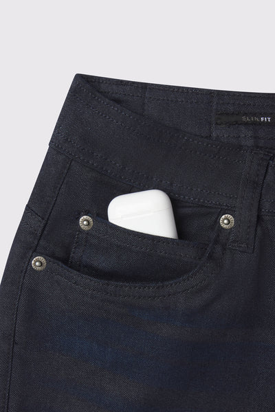 Mens Slim Athletic Fit Jeans 2.0 -Dark Distressed - photo from detail flat lay #color_dark-distressed