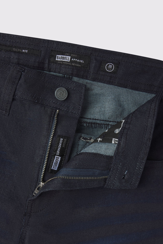 Mens Slim Athletic Fit Jeans 2.0 -Dark Distressed - photo from front zipper detail #color_dark-distressed