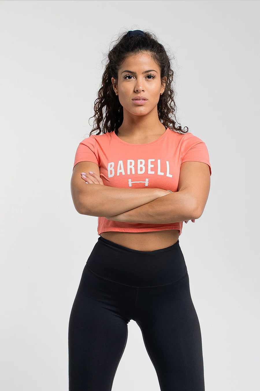Barbell Barbell Crop Tee - Coral - photo from front in focus #color_coral