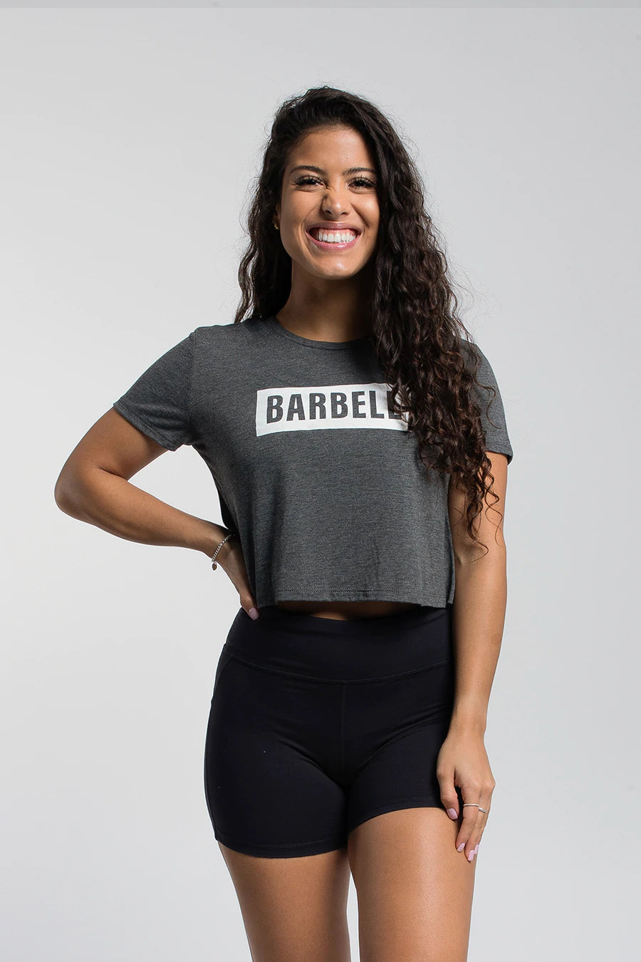 Barbell Essence Crop Tee - Gray - photo from front in focus #color_gray