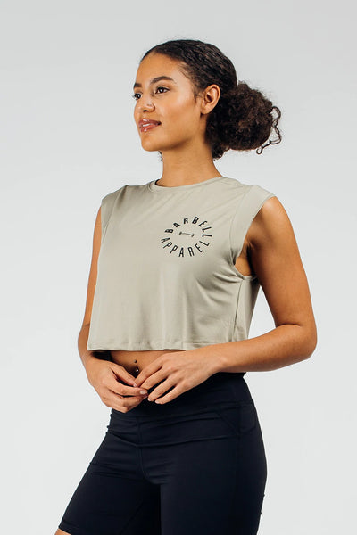 Barbell Full Circle Cutoff Tee - Tan - photo from front in focus #color_tan