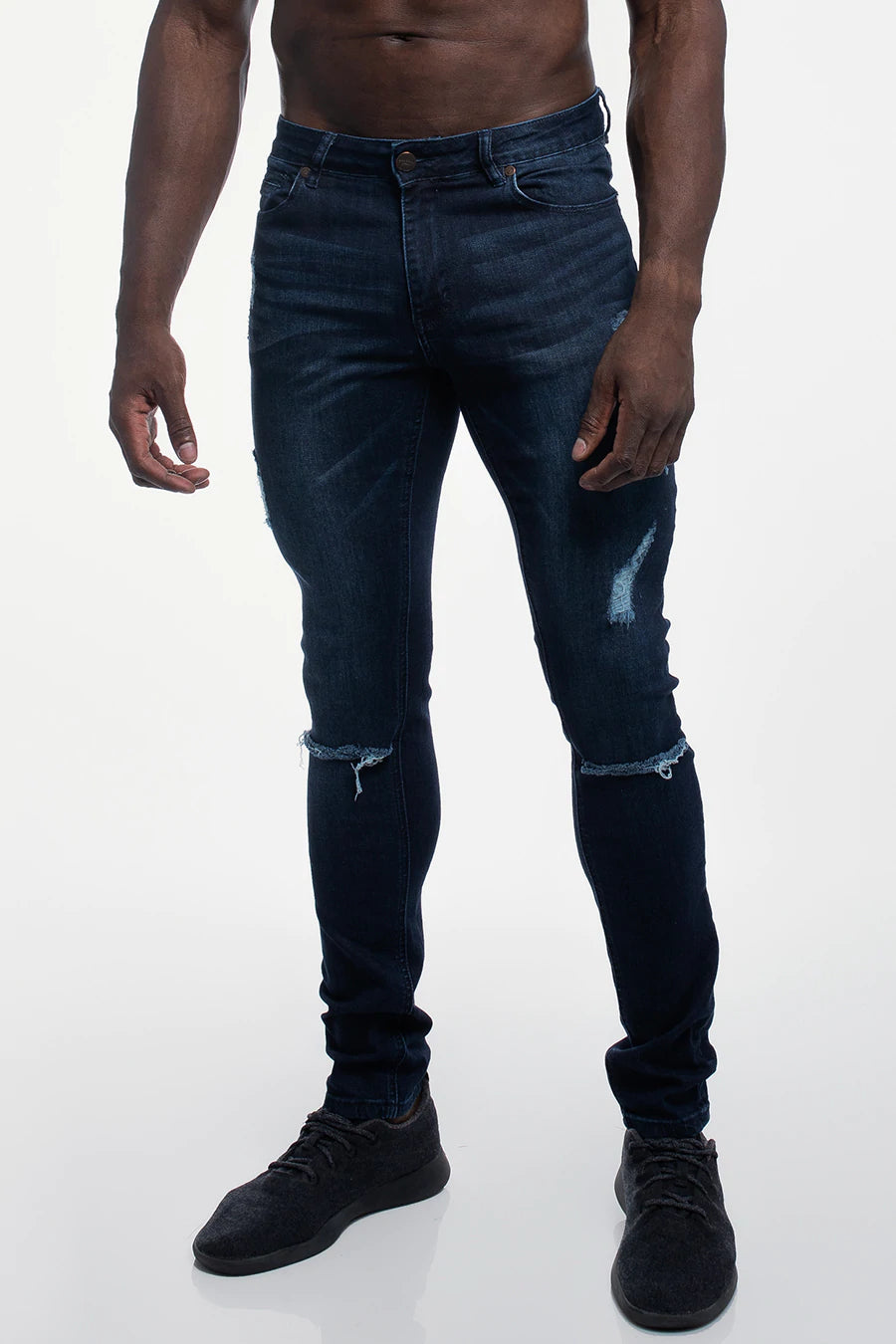 Slim Athletic Fit Destroyed Jeans - Dark Distressed - photo from front in focus #color_dark-distressed