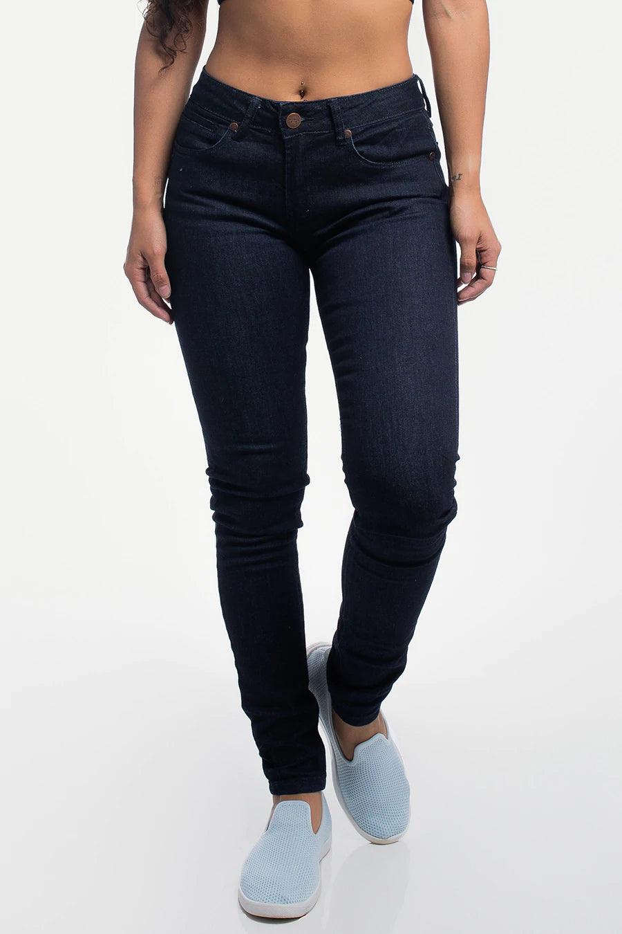 Barbell Womens Slim Athletic Fit Jeans- Dark Wash - photo from front in focus #color_dark-wash